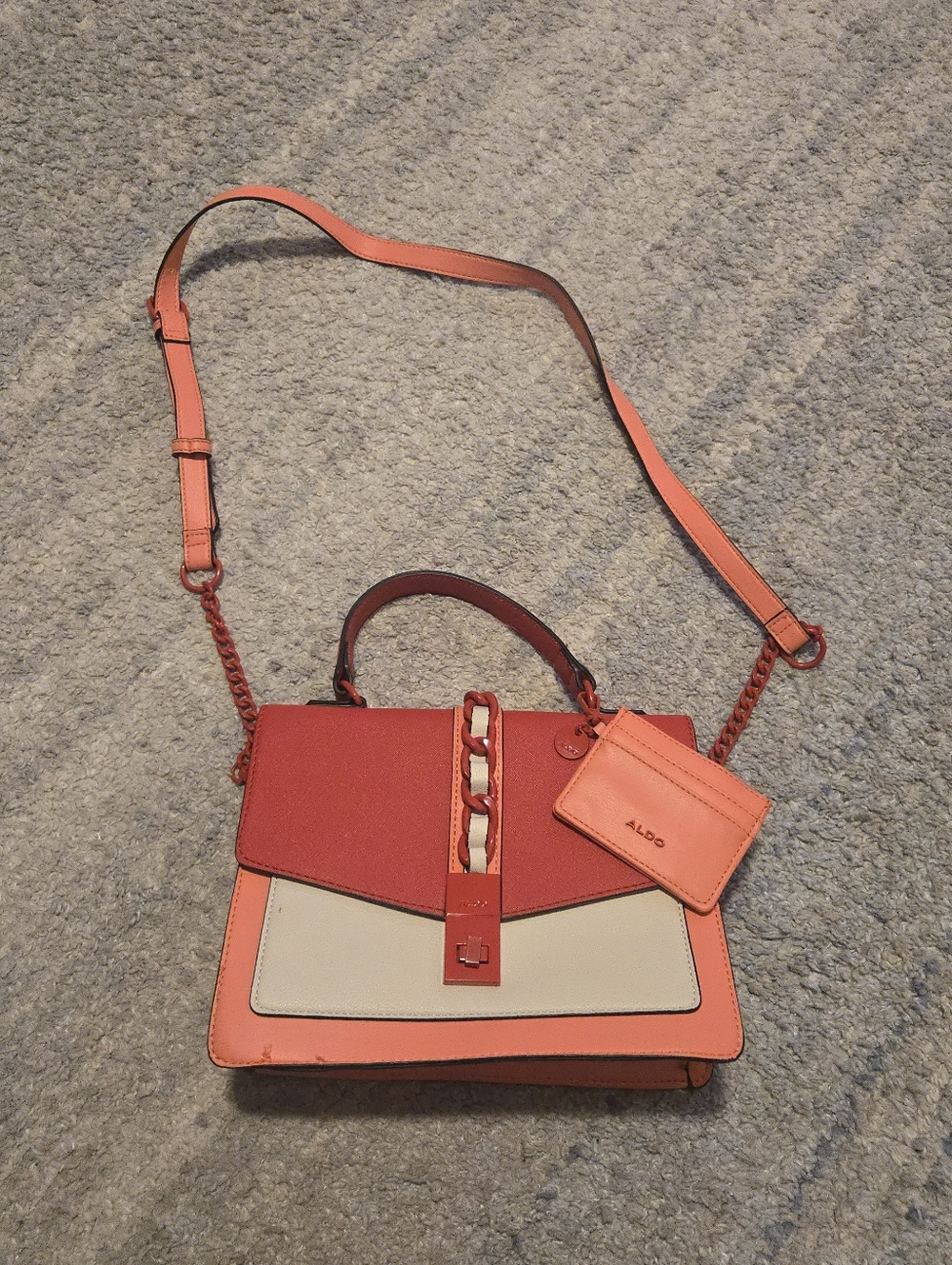 ALDO Colorblock Top Handle Satchel Crossbody Bag with Card Holder – Red/Coral/Cr